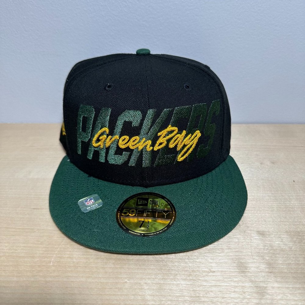 Green Bay Packers Script Draft Hat Cap New Era 59Fifty Black Green Fitted Multi